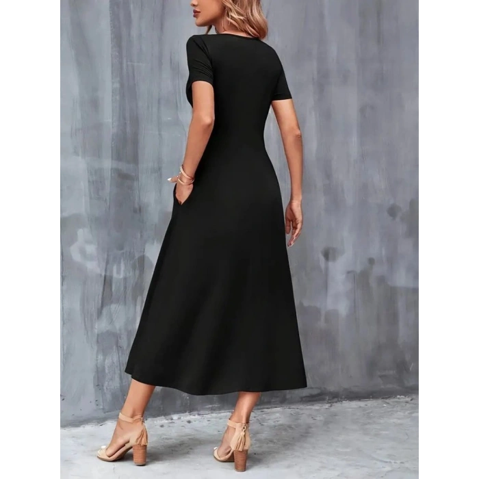 Kadın Kısa Kollu V Yakalı Cepli Viskon Elbise