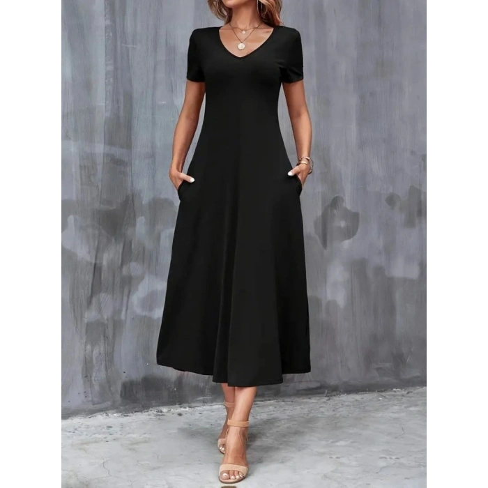 Kadın Kısa Kollu V Yakalı Cepli Viskon Elbise
