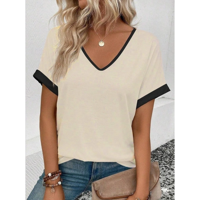 Kadın Kısa Kollu V Yakalı çift Renkli Viskon Bluz