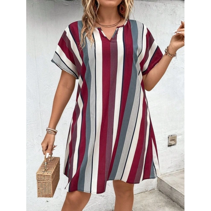 Kadın Kısa Kollu V Yakalı çizgi Baskılı Süprem Elbise