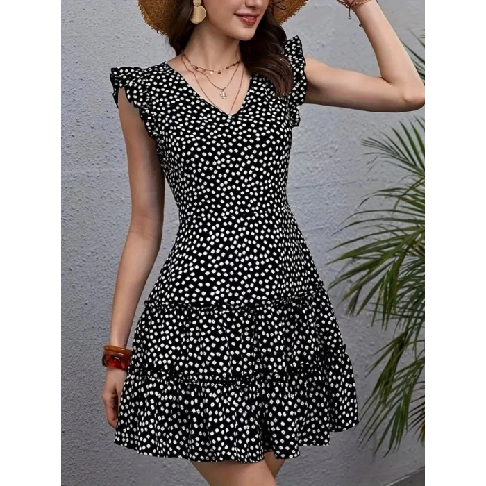 Kadın Kısa Kollu V Yakalı Desenli Fırfırlı Süprem Elbise