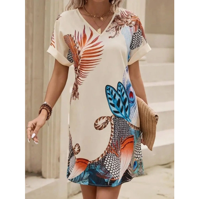 Kadın Kısa Kollu V Yakalı Desenli Mini Atlas Elbise