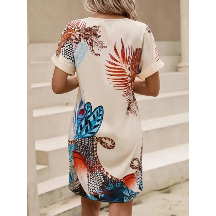Kadın Kısa Kollu V Yakalı Desenli Mini Atlas Elbise