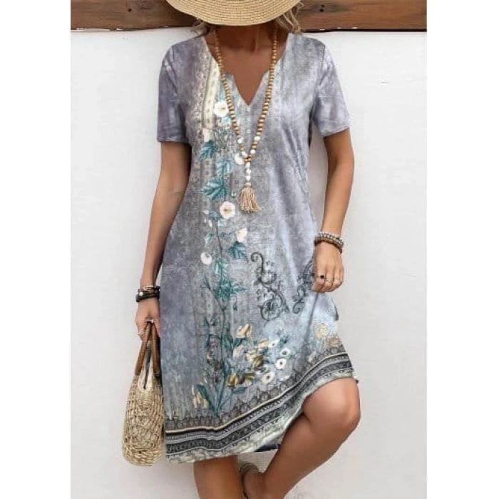 Kadın Kısa Kollu V Yakalı Desenli Süprem Elbise