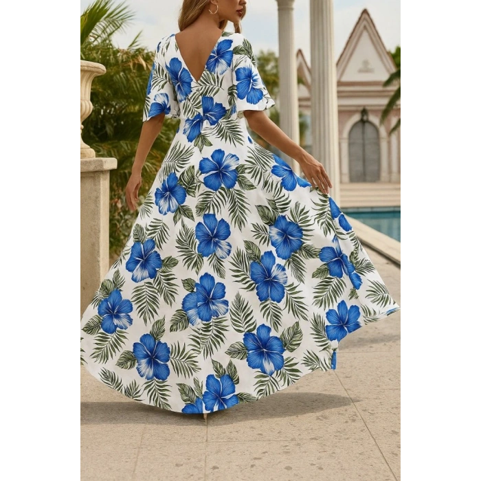 Kadın Kısa Kollu V Yakalı Desenli Süprem Elbise