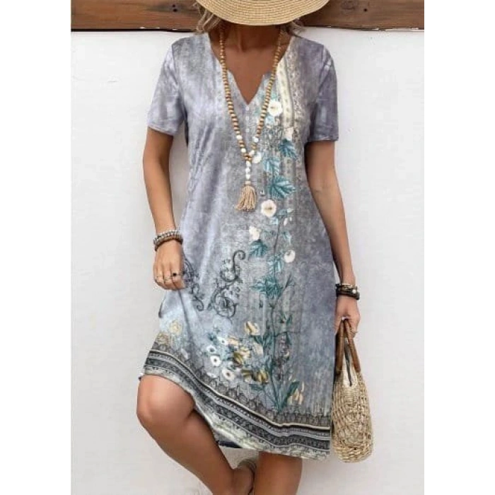 Kadın Kısa Kollu V Yakalı Desenli Süprem Elbise