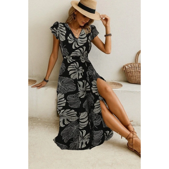 Kadın Kısa Kollu V Yakalı Desenli Yandan Yırtmaçlı Süprem Elbise