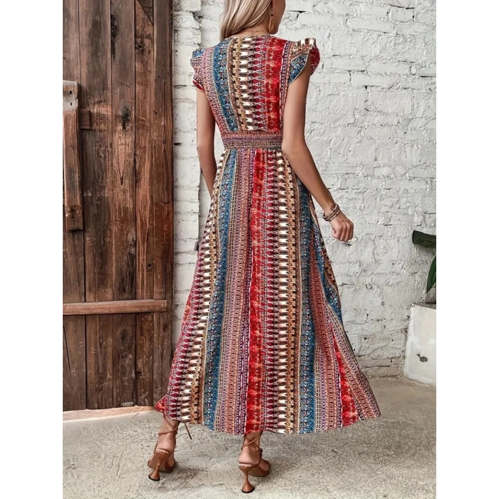 Kadın Kısa Kollu V Yakalı Desenli Yandan Yırtmaçlı Süprem Elbise