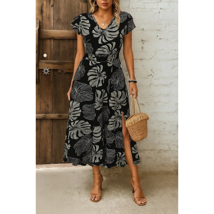 Kadın Kısa Kollu V Yakalı Desenli Yandan Yırtmaçlı Süprem Elbise