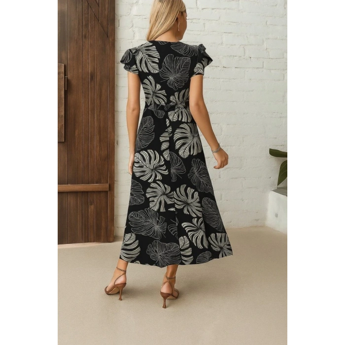 Kadın Kısa Kollu V Yakalı Desenli Yandan Yırtmaçlı Süprem Elbise