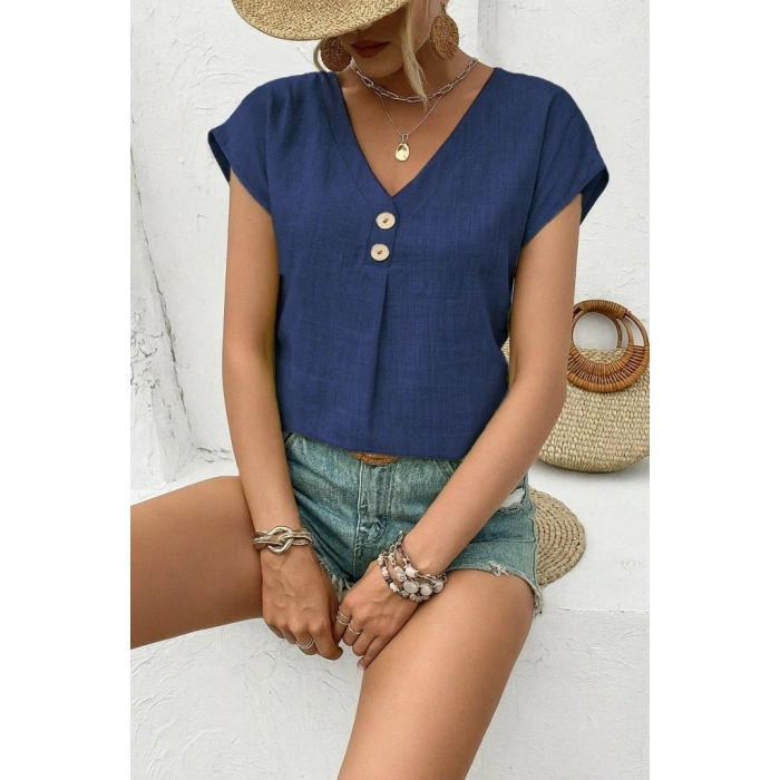 Kadın Kısa Kollu V Yakalı Düğmeli Keten Bluz