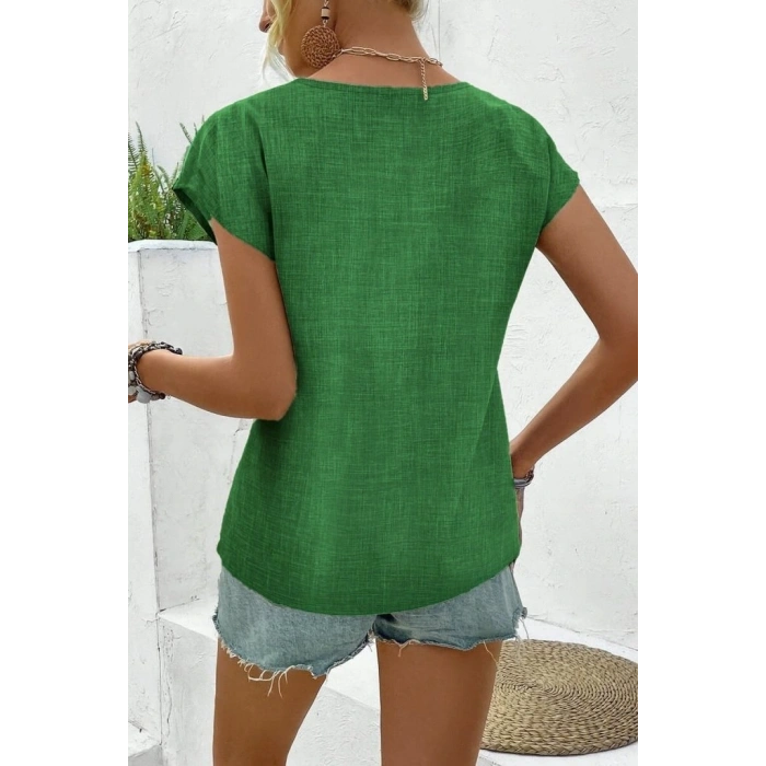 Kadın Kısa Kollu V Yakalı Düğmeli Keten Bluz