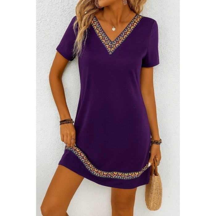 Kadın Kısa Kollu V Yakalı Etnik Desen şerit Detaylı Viskon Elbise