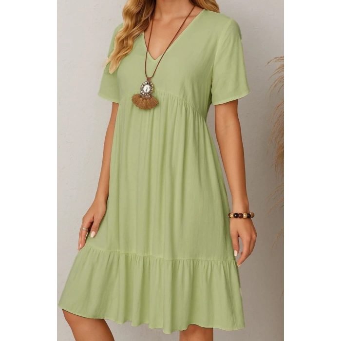Kadın Kısa Kollu V Yakalı Fırfırlı Bürümcük Elbise