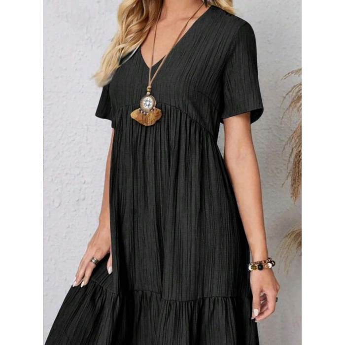 Kadın Kısa Kollu V Yakalı Fırfırlı Bürümcük Elbise