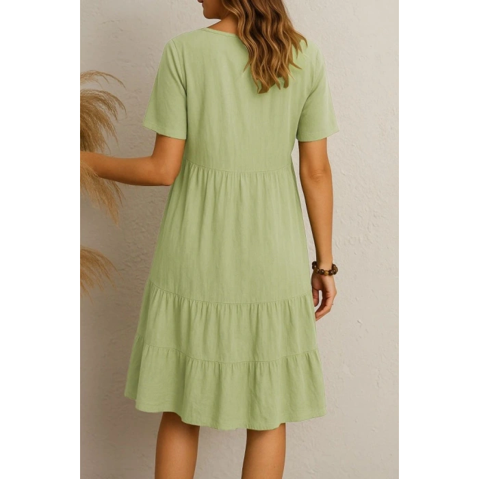 Kadın Kısa Kollu V Yakalı Fırfırlı Bürümcük Elbise