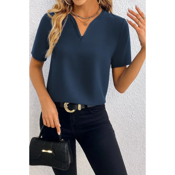 Kadın Kısa Kollu V Yakalı Ithal Krep Elbise