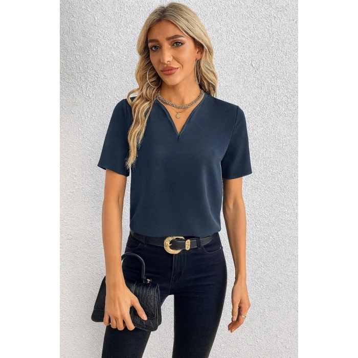 Kadın Kısa Kollu V Yakalı Ithal Krep Elbise