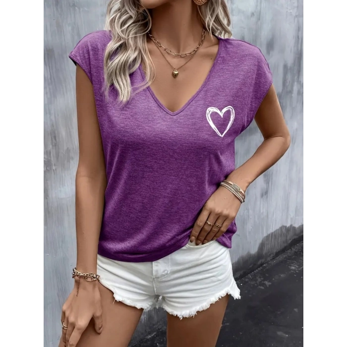Kadın Kısa Kollu V Yakalı Kalp Baskılı Viskon Bluz