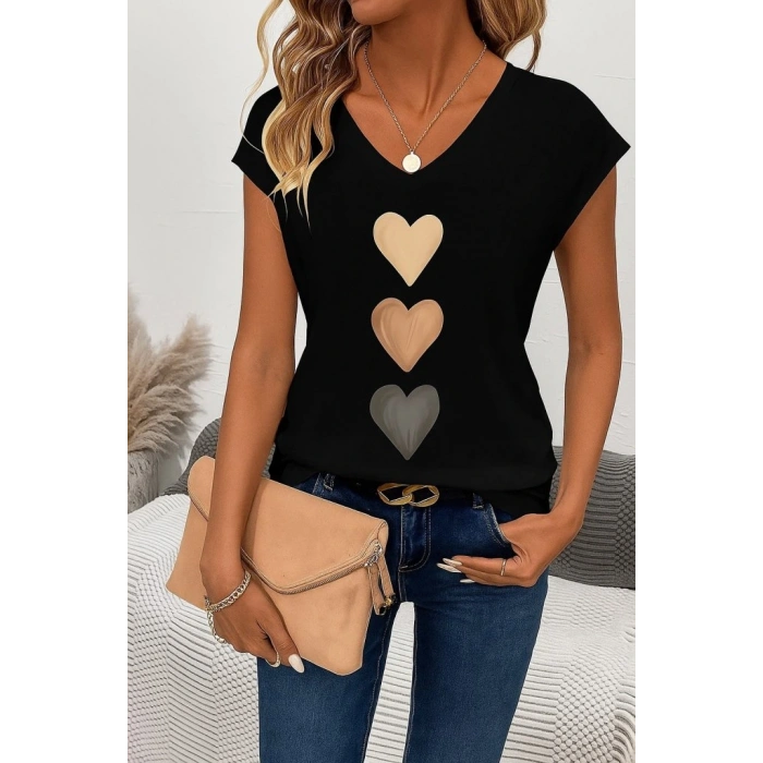 Kadın Kısa Kollu V Yakalı Kalp Desen Viskon Bluz