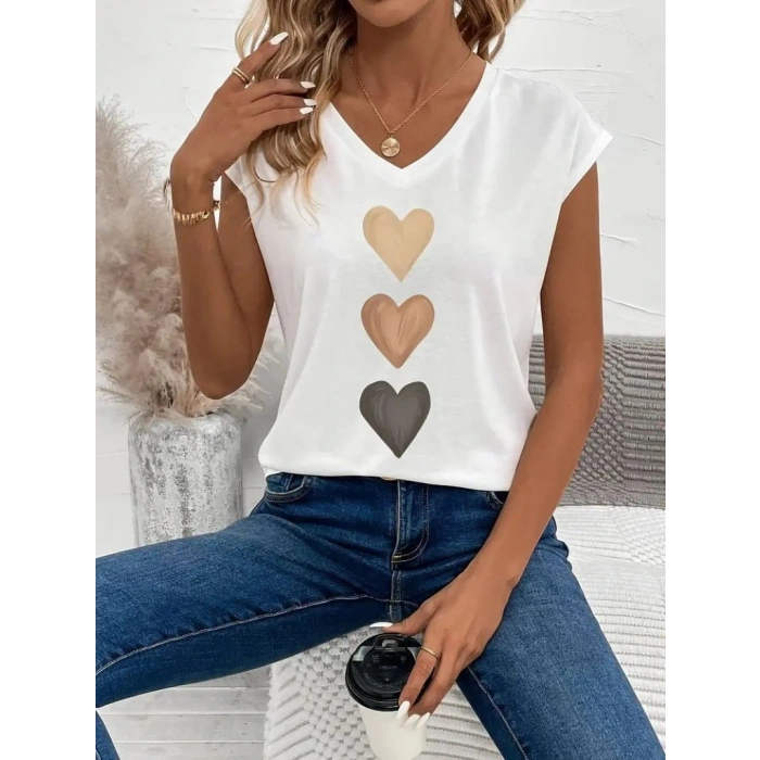 Kadın Kısa Kollu V Yakalı Kalp Desen Viskon Bluz