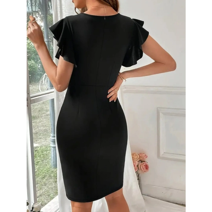 Kadın Kısa Kollu V Yakalı Kolları Volanlı Yandan Yırtmaçlı Kısa Janjan Krep Elbise