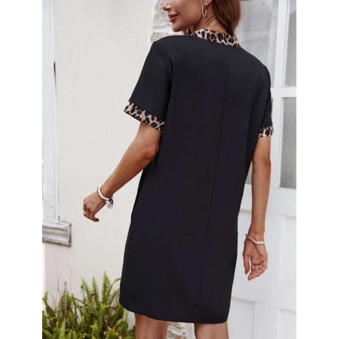 Kadın Kısa Kollu V Yakalı Leopar Desen Detaylı Modal Elbise