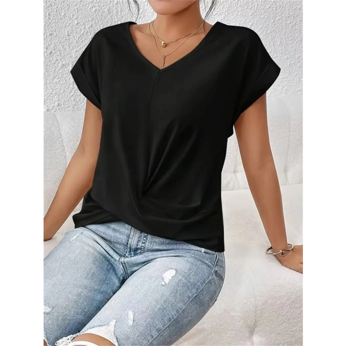 Kadın Kısa Kollu V Yakalı önden çapraz Geçmeli Detay Viskon Bluz