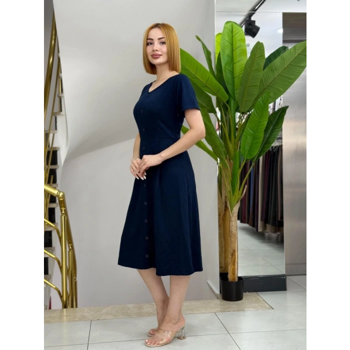 Kadın Kısa Kollu V Yakalı önden Düğmeli A Kesim Dokuma Elbise