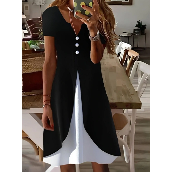 Kadın Kısa Kollu V Yakalı önden Düğmeli çift Renkli Viskon Elbise