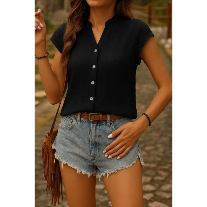 Kadın Kısa Kollu V Yakalı önden Düğmeli Müslim Gömlek