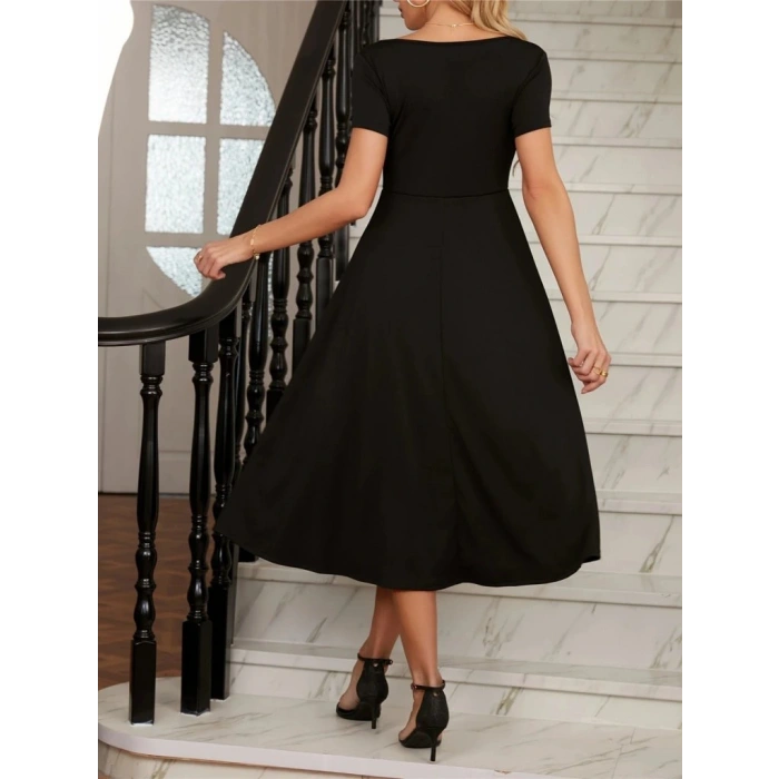 Kadın Kısa Kollu V Yakalı önden Pileli Midi Janjan Krep Elbise