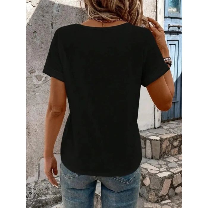 Kadın Kısa Kollu V Yakalı şerit Detaylı Viskon Bluz