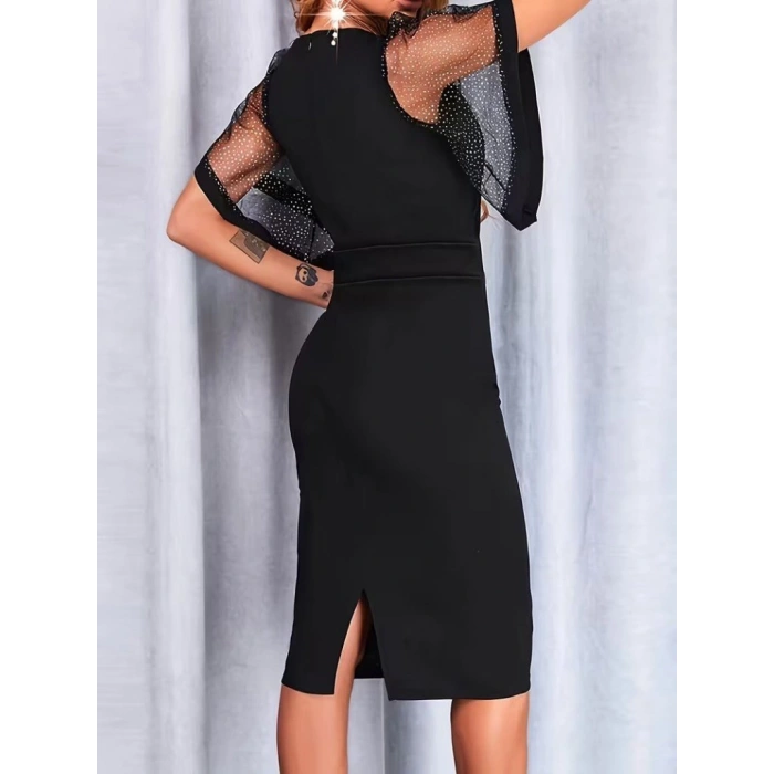 Kadın Kısa Kollu V Yakalı Taşlı Midi Ithal Krep Elbise