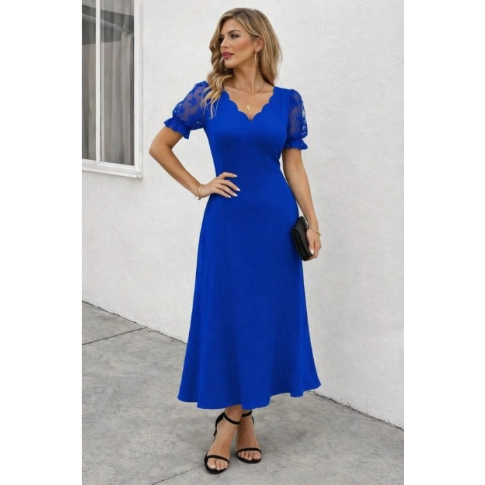 Kadın Kısa Kollu V Yakalı Uzun Janjan Elbise