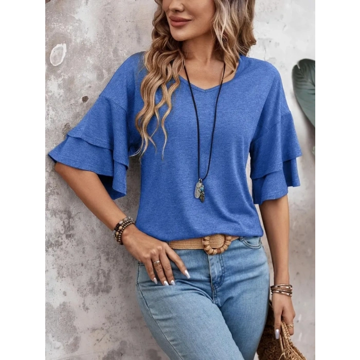 Kadın Kısa Kollu V Yakalı Viskon Bluz