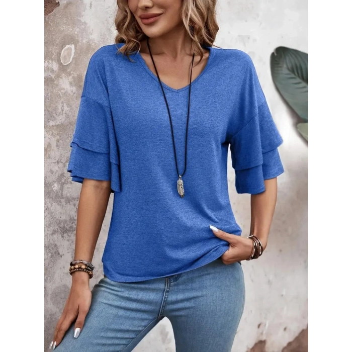 Kadın Kısa Kollu V Yakalı Viskon Bluz
