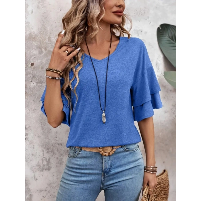 Kadın Kısa Kollu V Yakalı Viskon Bluz