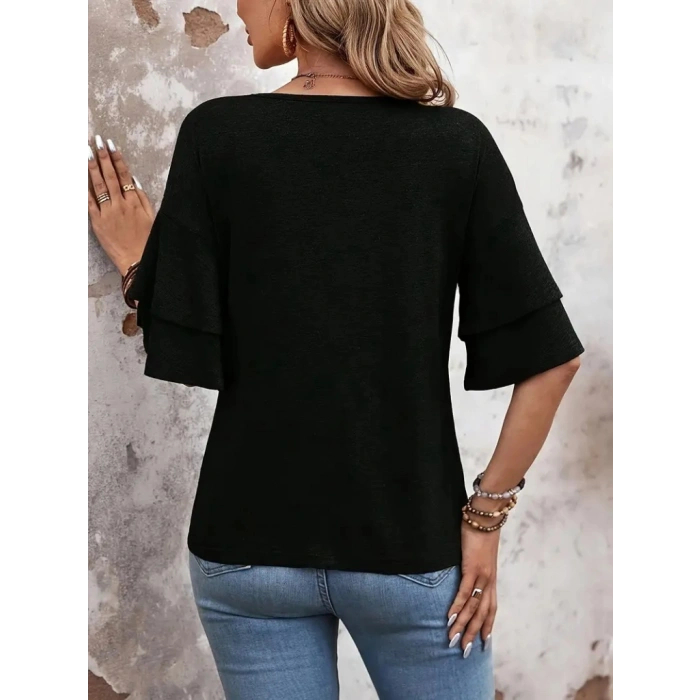 Kadın Kısa Kollu V Yakalı Viskon Bluz