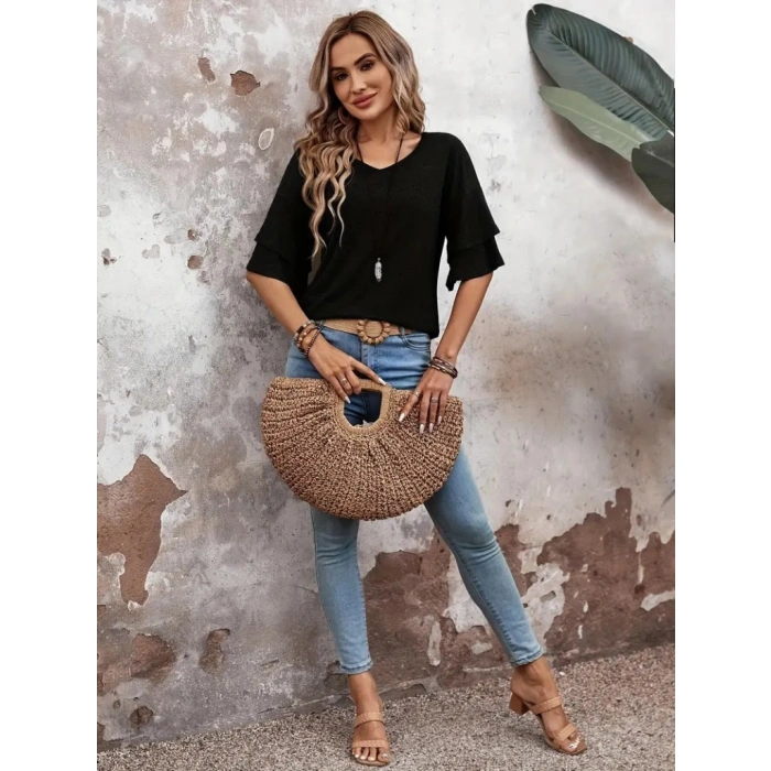 Kadın Kısa Kollu V Yakalı Viskon Bluz