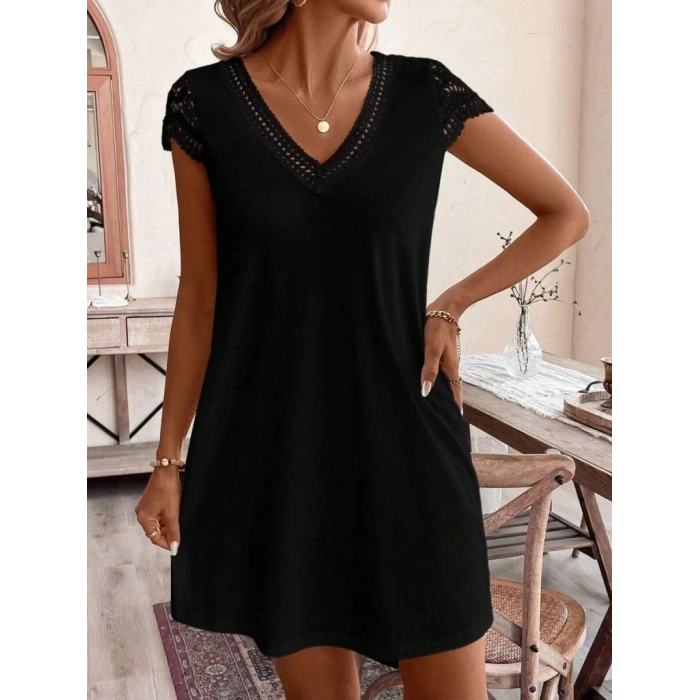 Kadın Kısa Kollu V Yakalı Viskon Elbise