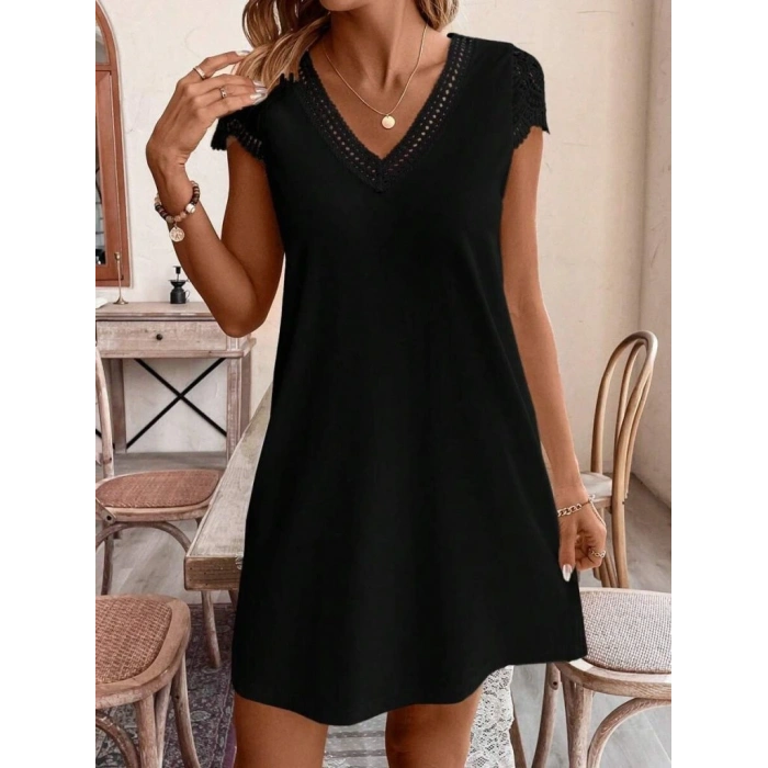 Kadın Kısa Kollu V Yakalı Viskon Elbise