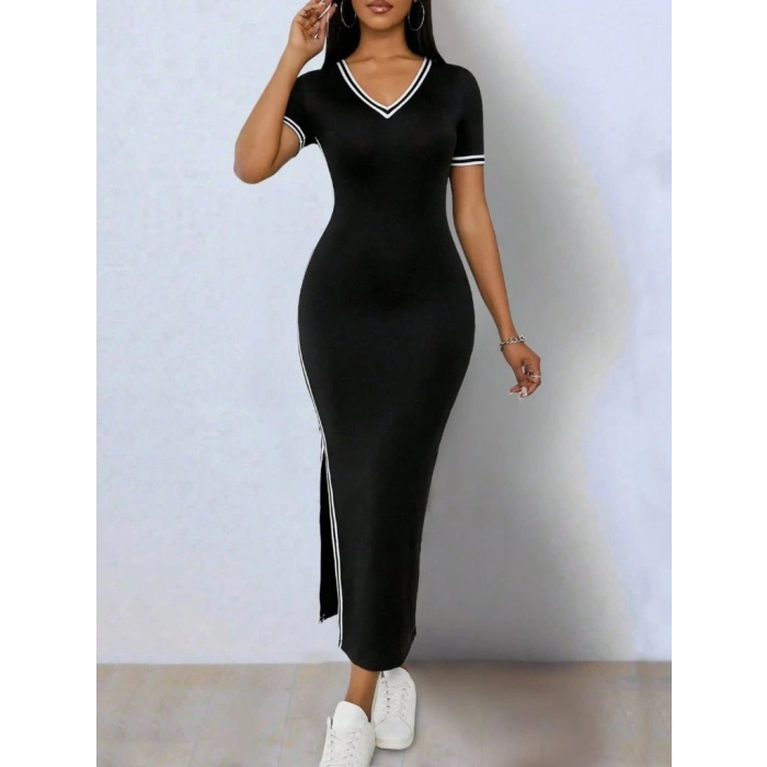 Kadın Kısa Kollu V Yakalı Yandan Yırtmaçlı Viskon Iki Iplik Elbise