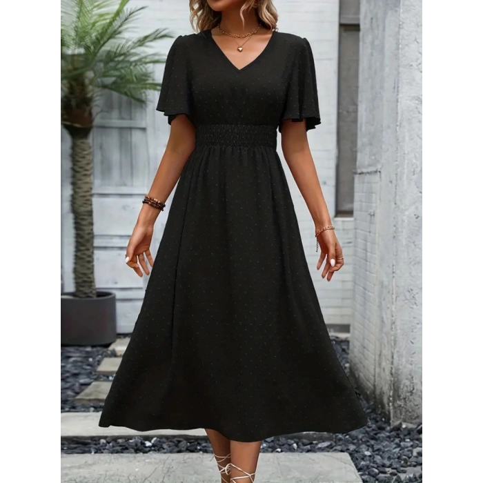 Kadın Kısa Kollu Volanlı Kol Beli Gipeli Jakarlı Vual Midi Boy Elbise