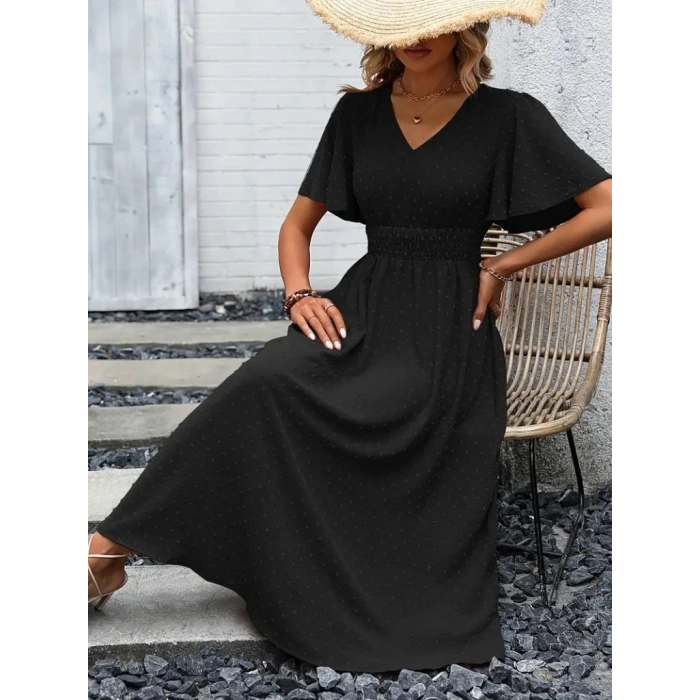 Kadın Kısa Kollu Volanlı Kol Beli Gipeli Jakarlı Vual Midi Boy Elbise