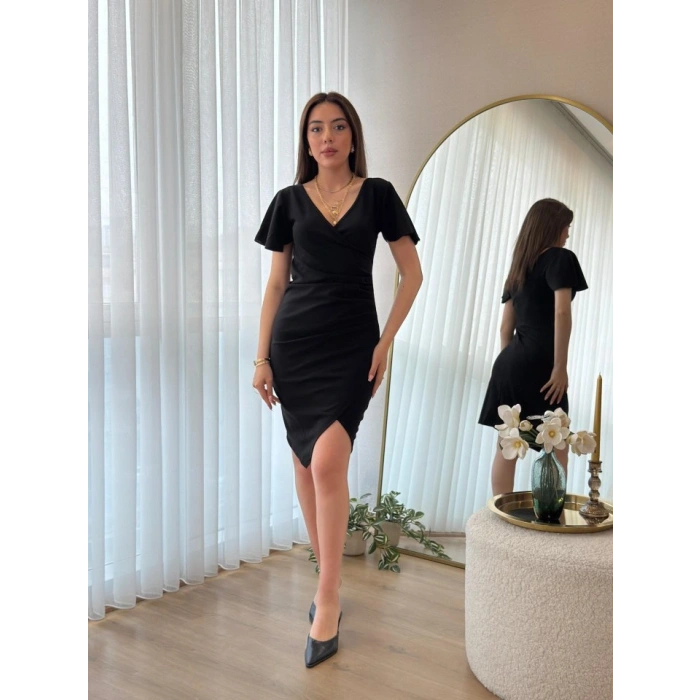 Kadın Kısa Kollu Volanlı Kruvaze Yaka Yanlardan Büzgülü Ithal Krep Elbise