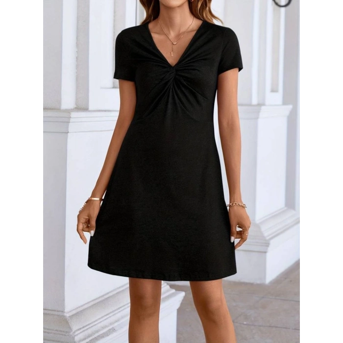 Kadın Kısa Kollu Yaka Detay Viskon Elbise