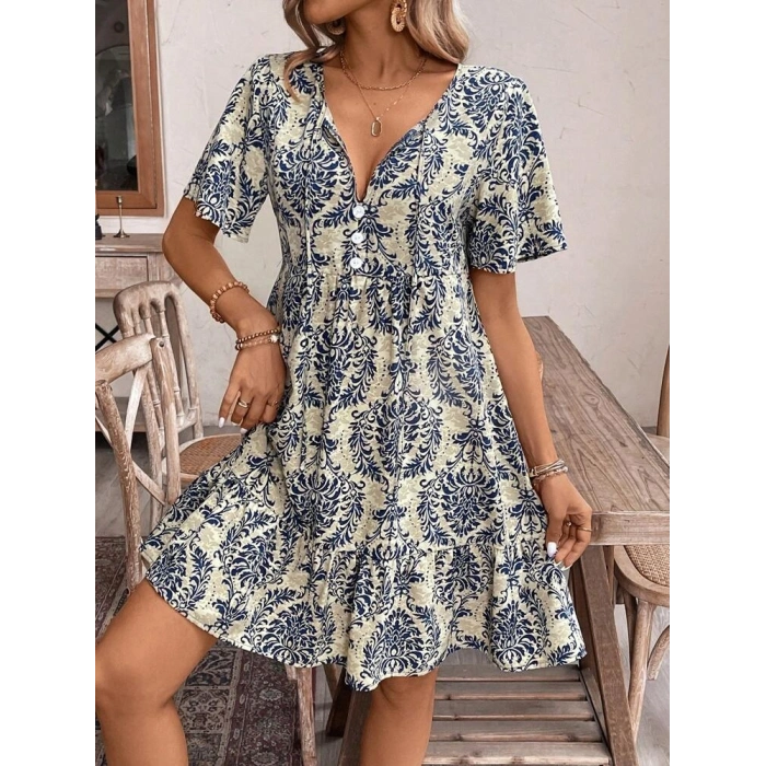 Kadın Kısa Kollu Yakadan Bağcıklı Desenli Fırfırlı Süprem Elbise