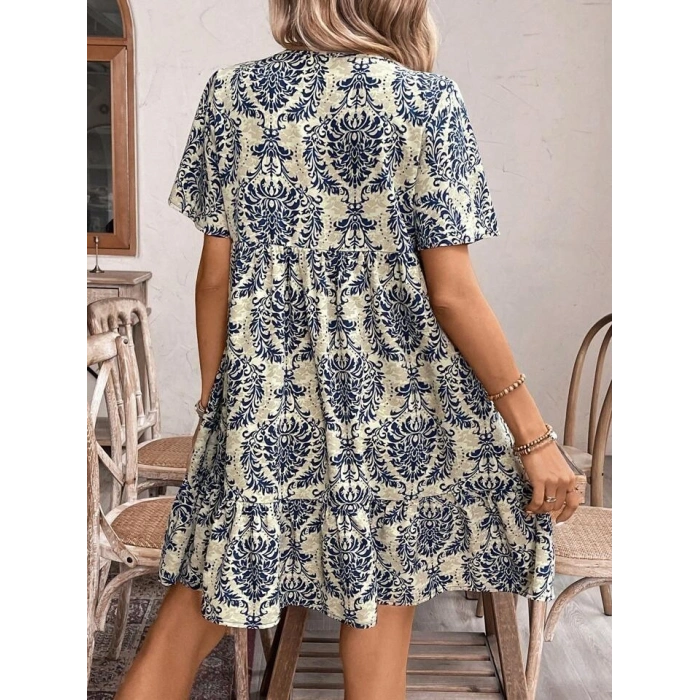 Kadın Kısa Kollu Yakadan Bağcıklı Desenli Fırfırlı Süprem Elbise