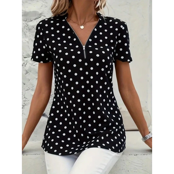 Kadın Kısa Kollu Yakadan Fermuarlı Puantiyeli Uzun Dokuma Viskon Bluz